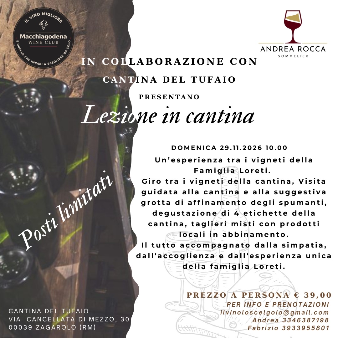 Locandina originale: Lezione in cantina, domenica 29 novembre 2026 alle 10, Cantina del Tufaio, 39 euro a persona